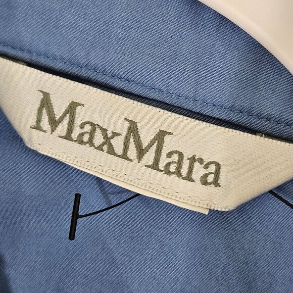 MaxMara Midi Shirt Dress Sz 10 Blue Cotton Side Pockets Swing Long Sleeve - Picture 11 of 13